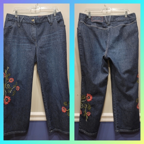 J. Jill Embroidered Floral Denim Capris - sz 14 stretch - Picture 1 of 9